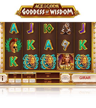 Imagen de la slot Age of the Gods en la que aparecen diferentes símbolos distribuidos en los cinco rodillos: las letras J, K, y A junto a los números 10 y 9. Además también se muestran los símblos de la medusa, un yelmo y el comodín que representa una guapa diosa Atenea.